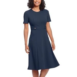 London Times Navy Plus Size A-Line Fit & Flare Midi Dress for Work, 14W